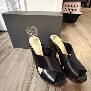 Size 7 Vince Camuto Black Leather Mules with Wooden Heel